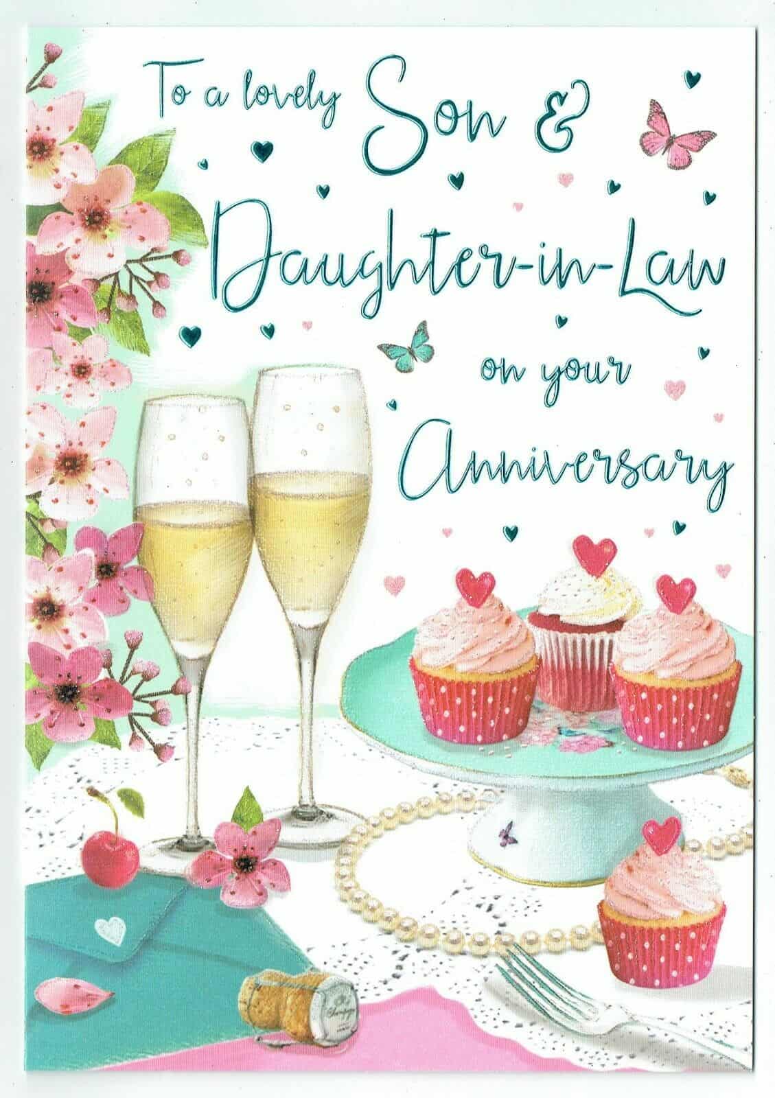 Son And Daughter In Law Anniversary Card With Lovely Glitter Embossed
